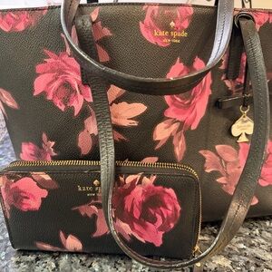 Kate Spade Black and Pink Rose Tote and Wallet